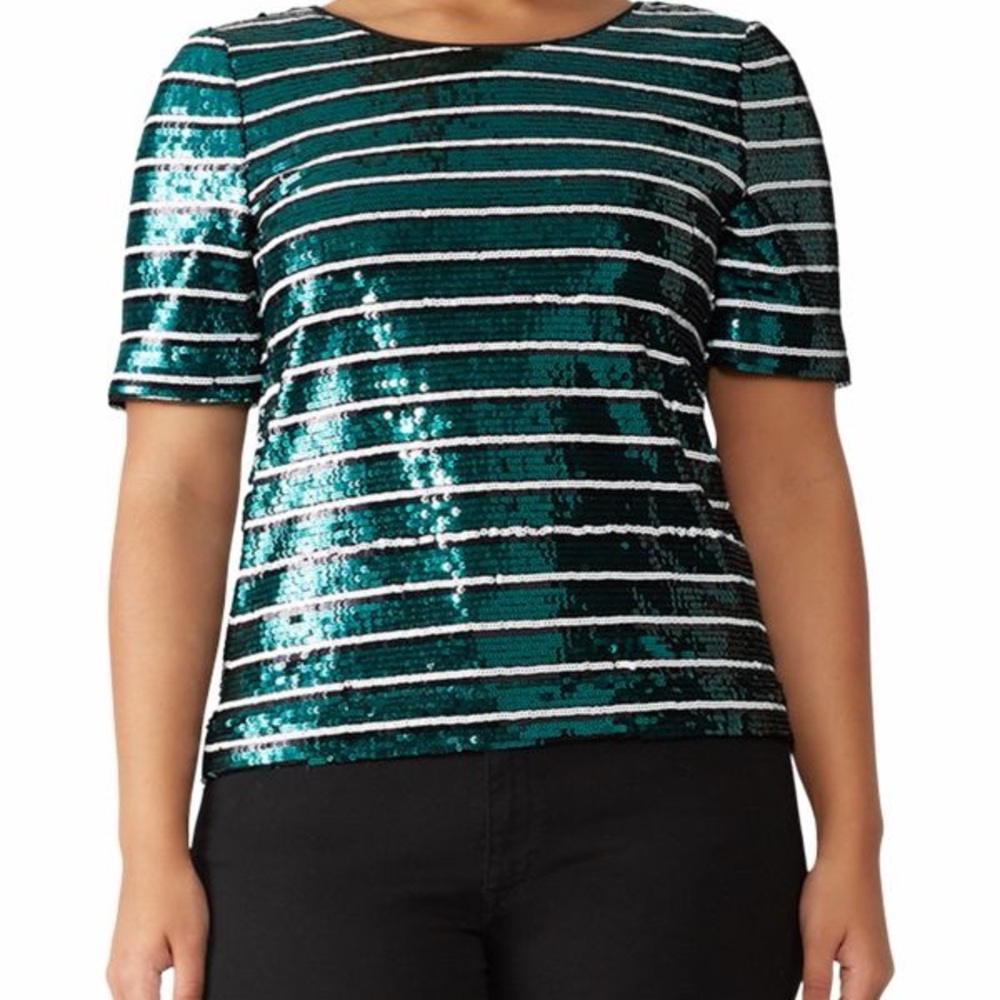 Badgley‎ Mischka Women's Green And White Sequin Top Size 14